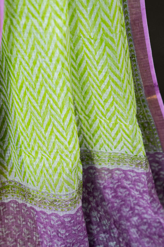 Kota Doria Handloom Saree – Green & White Block Print, Pure Bagru Cotton - Atulyakarigari