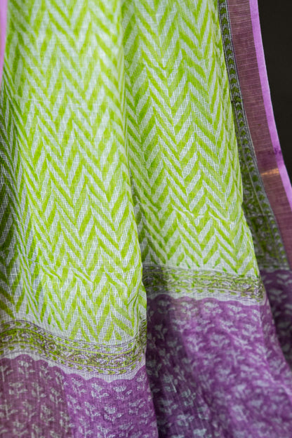 Kota Doria Handloom Saree – Green & White Block Print, Pure Bagru Cotton