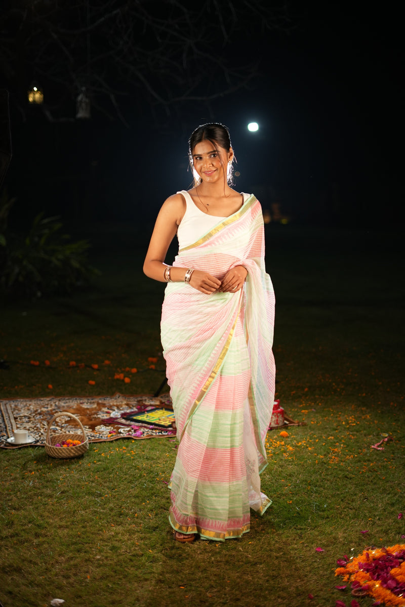 White Bagru Kota Cotton Saree, Hand Block Print