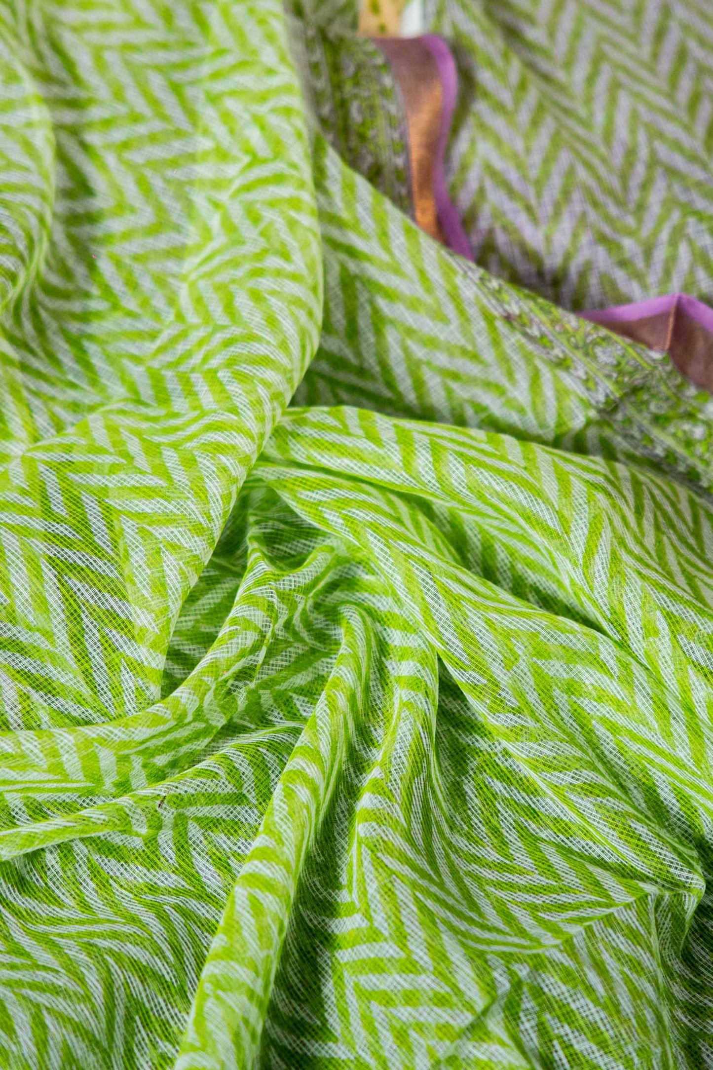 Kota Doria Handloom Saree – Green & White Block Print, Pure Bagru Cotton