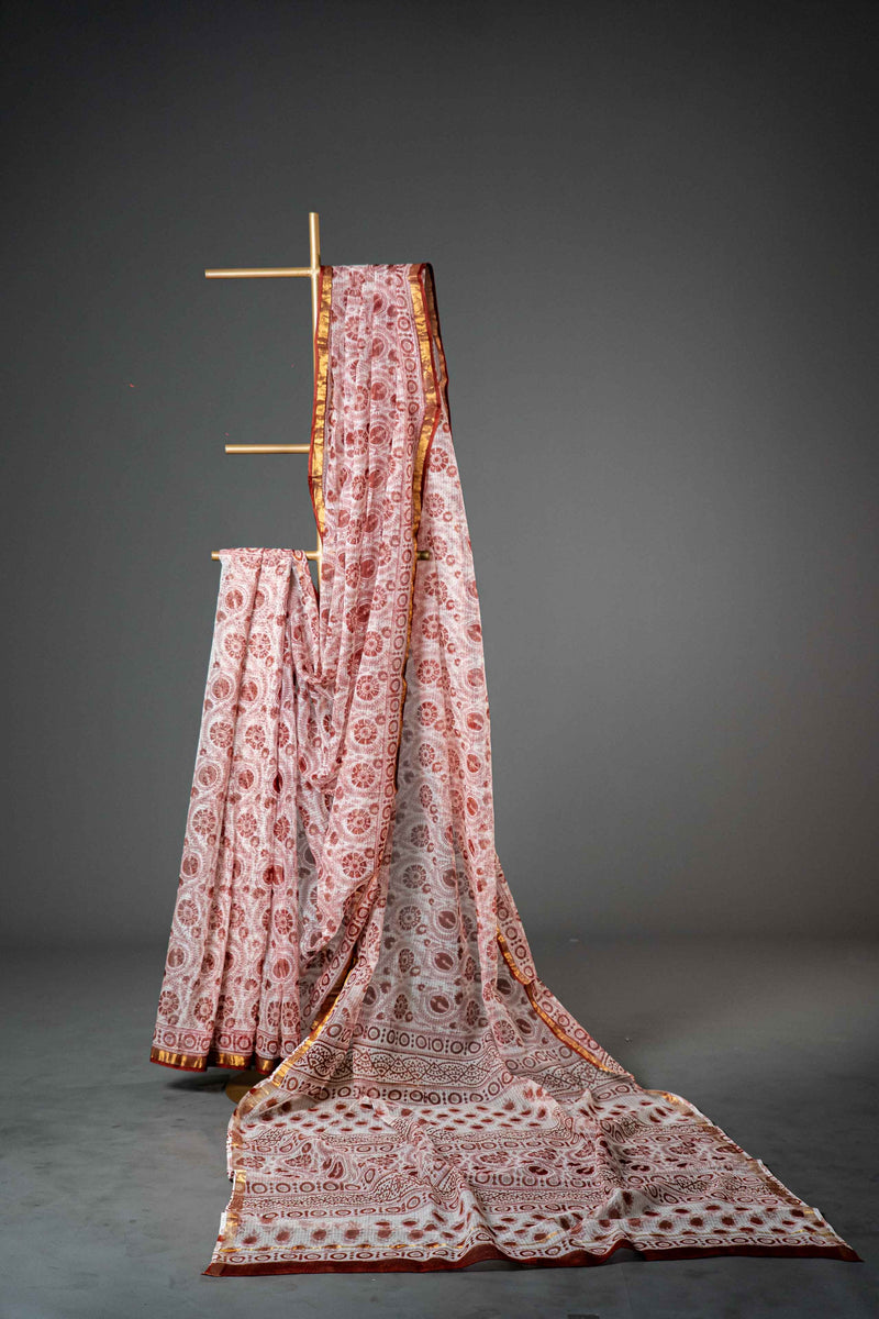 Rust Kota Doria Cotton Saree, Summer Block Print