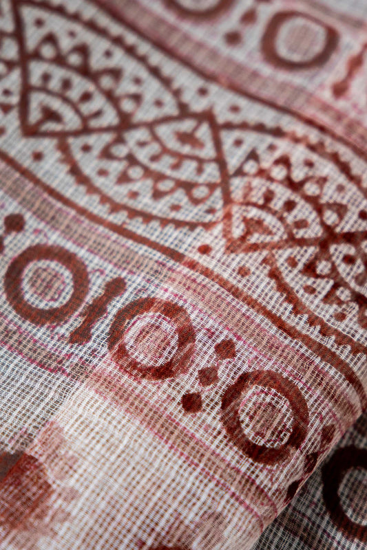 Bagru Kota Doria Saree – Rust Block Printed Handloom Cotton, Summer Wear - Atulyakarigari