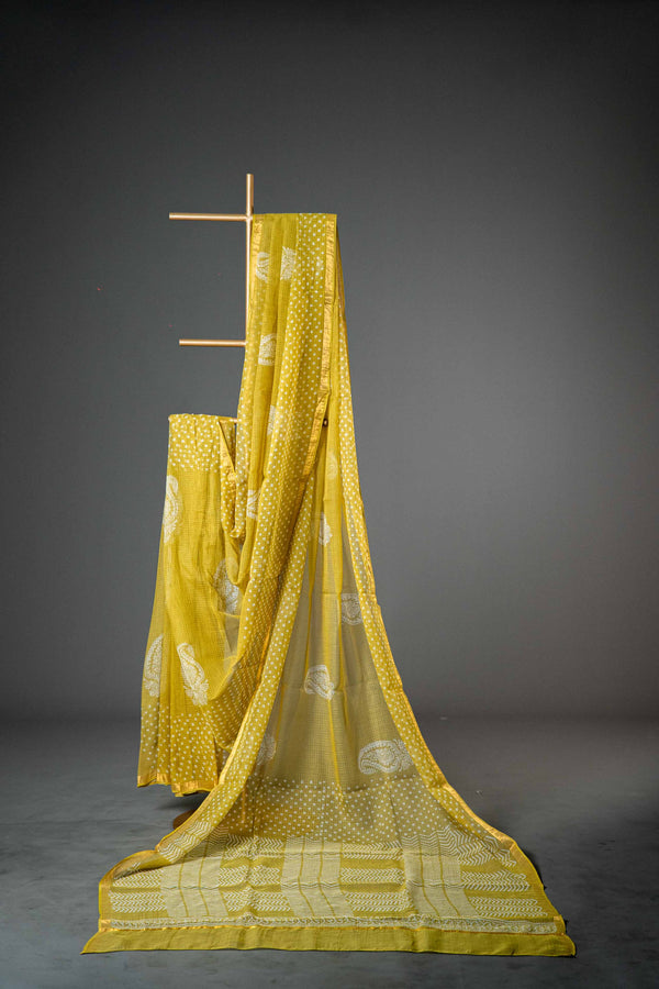 Bagru Kota Doria Handloom Saree – Olive Green Block Print, Pure Cotton