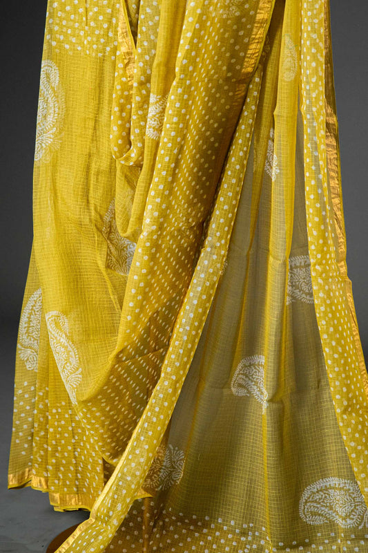Bagru Kota Doria Handloom Saree – Olive Green Block Print, Pure Cotton - Atulyakarigari
