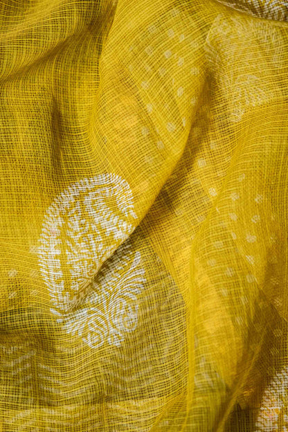 Bagru Kota Doria Handloom Saree – Olive Green Block Print, Pure Cotton