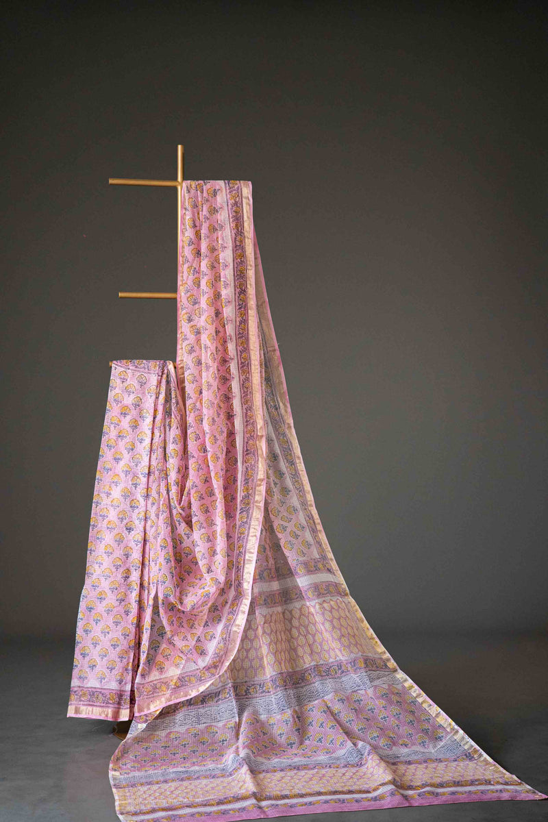 Light Pink Bagru Kota Doria Cotton Saree
