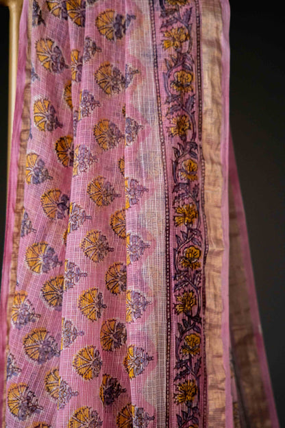 Bagru Kota Doria Saree – Light Pink Hand Block Printed Cotton Handloom