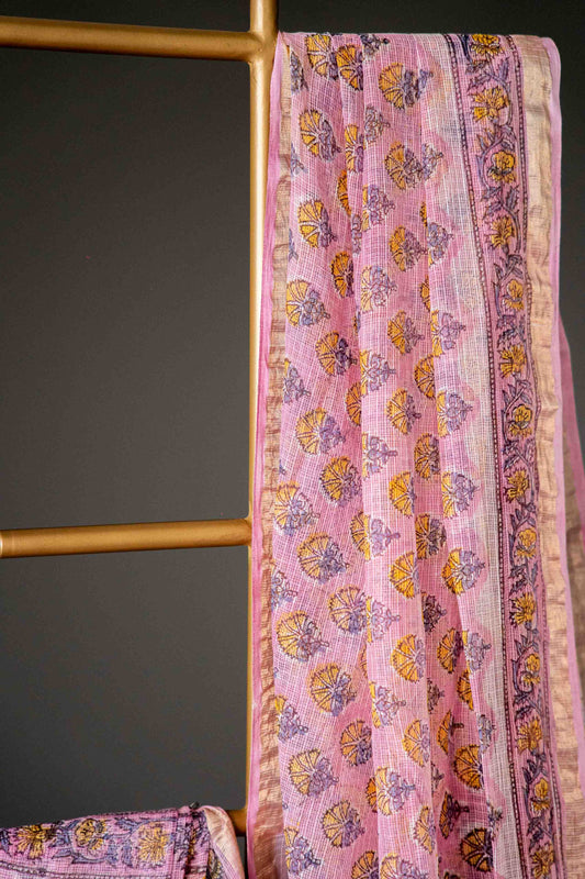 Bagru Kota Doria Saree – Light Pink Hand Block Printed Cotton Handloom - Atulyakarigari