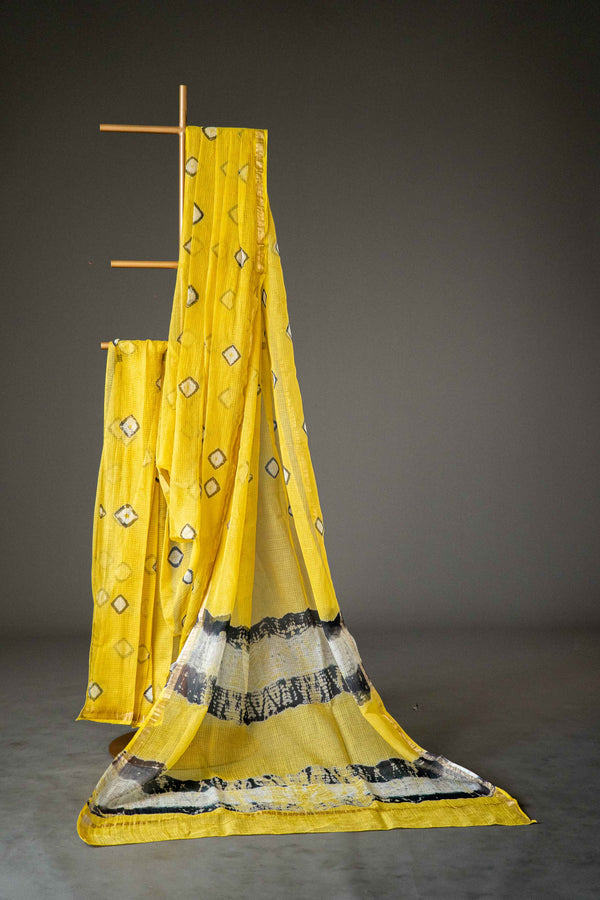 Kota Doria Handloom Saree – Yellow Block Print, Lightweight Bagru Cotton