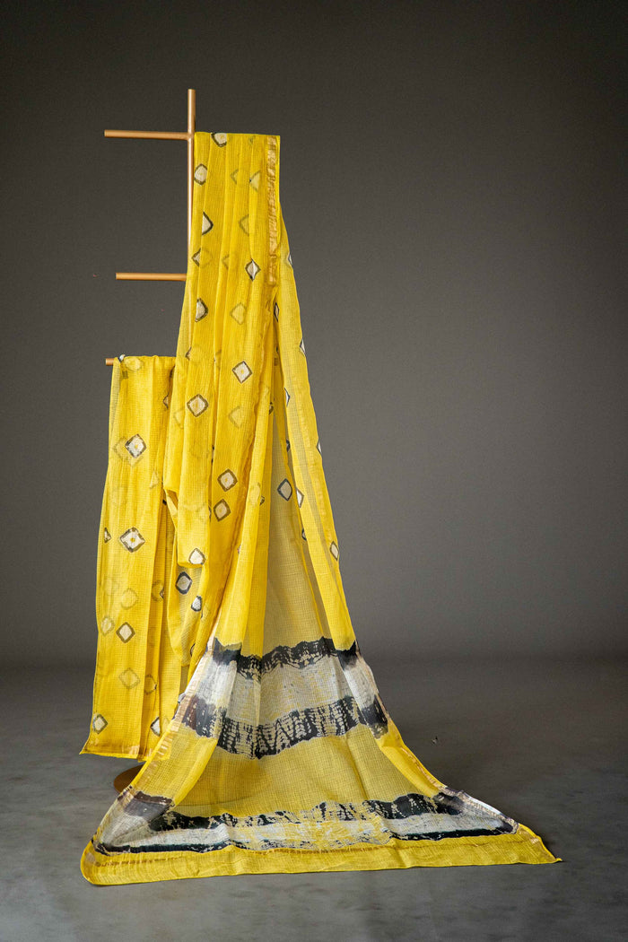 Kota Doria Handloom Saree - Yellow Block Print, Lightweight Bagru Cotton