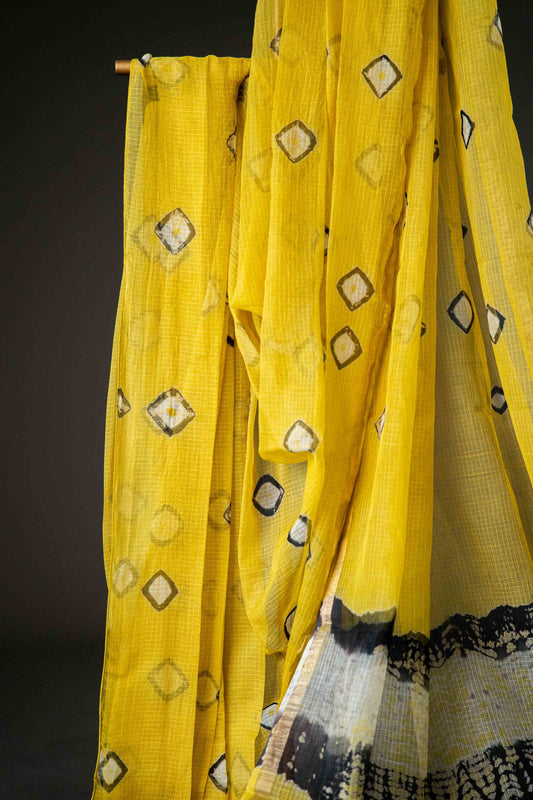 Kota Doria Handloom Saree – Yellow Block Print, Lightweight Bagru Cotton - Atulyakarigari