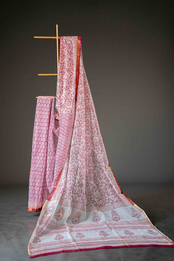 White & Mauve Kota Doria Saree – Hand Block Printed Floral Motifs