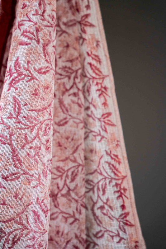 White & Mauve Kota Doria Saree – Hand Block Printed Floral Motifs - Atulyakarigari