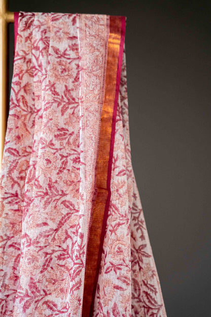 White & Mauve Kota Doria Saree – Hand Block Printed Floral Motifs