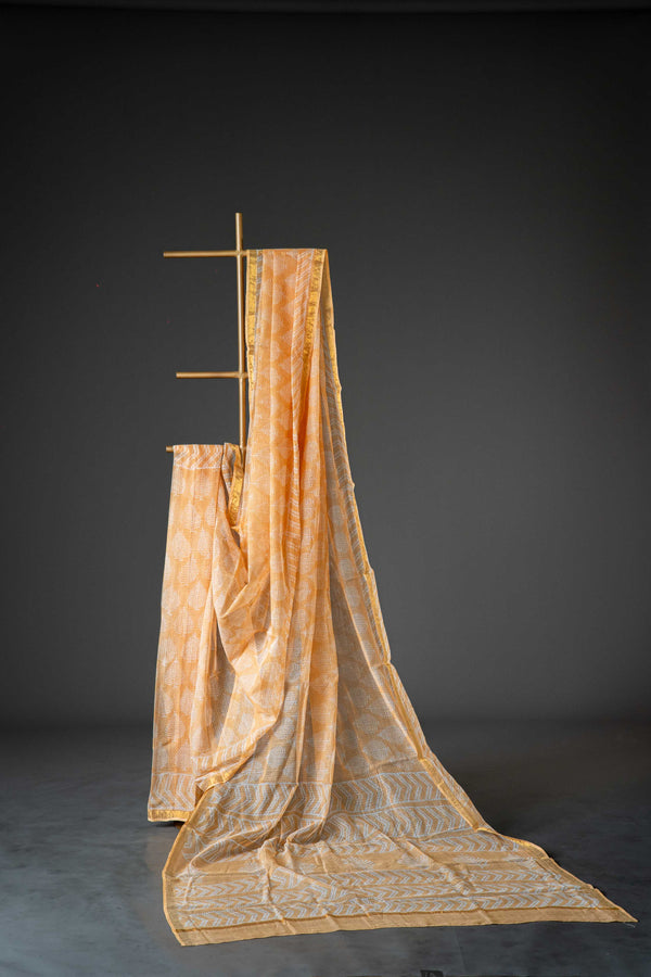 Light Orange Kota Doria Saree – White Floral Hand Block Print