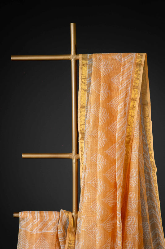 Light Orange Kota Doria Saree – White Floral Hand Block Print - Atulyakarigari