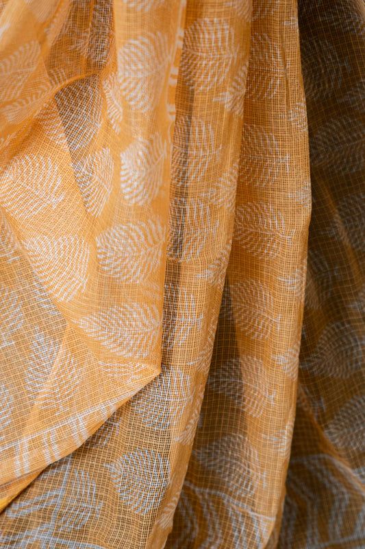 Light Orange Kota Doria Saree – White Floral Hand Block Print