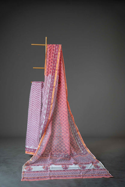 Maroon Kota Doria Saree – Zig Zag Striped Hand Block Print