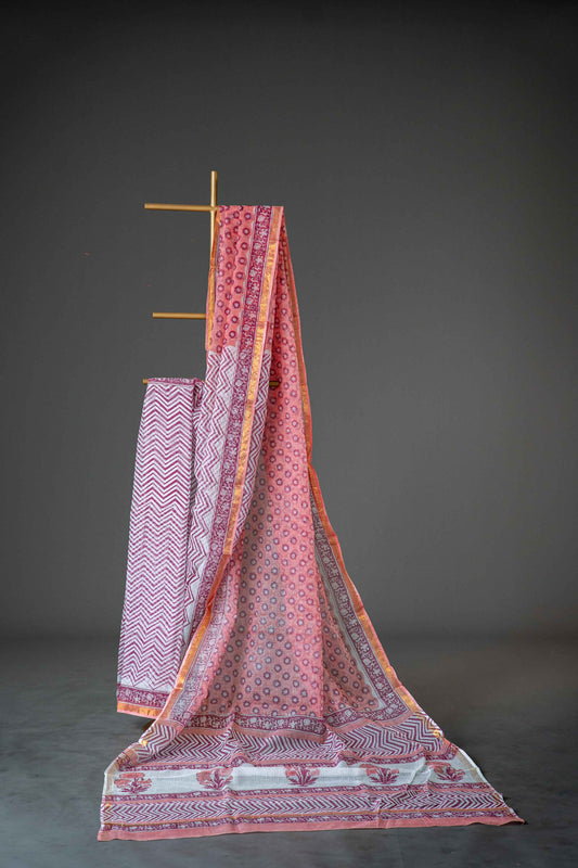 Maroon Kota Doria Saree – Zig Zag Striped Hand Block Print