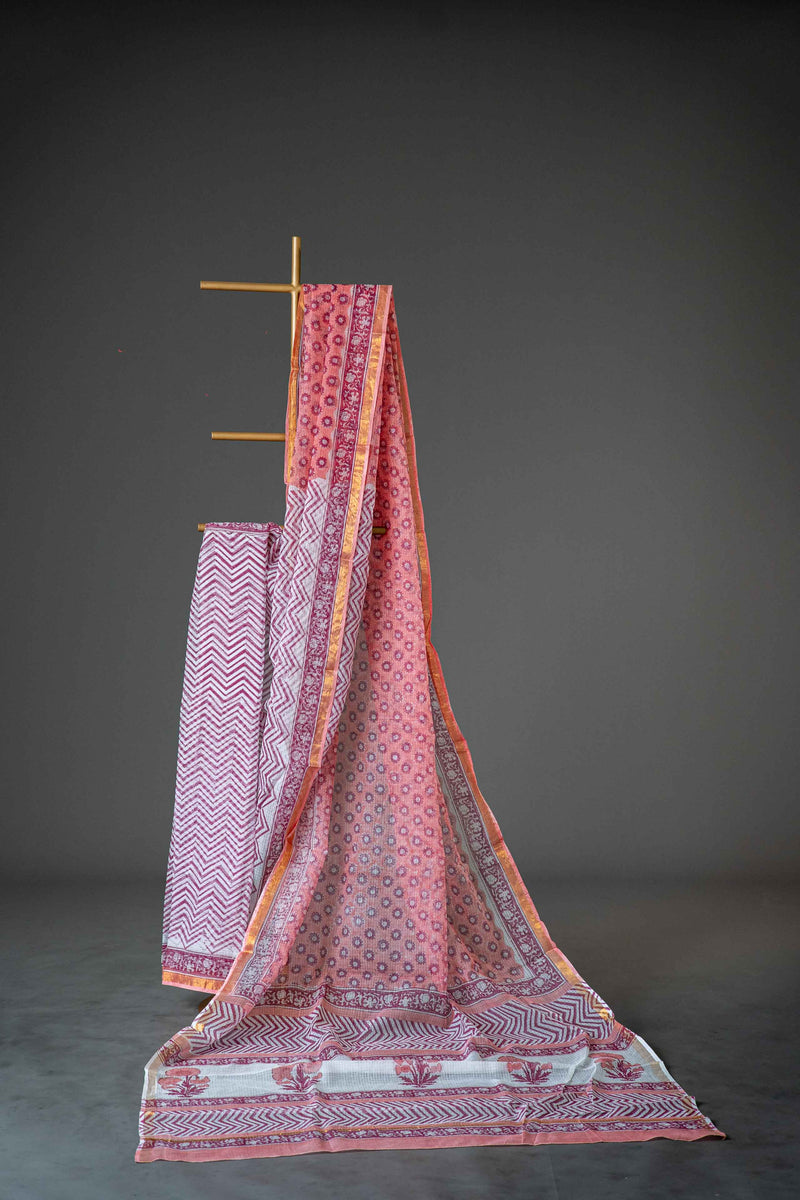 Maroon Kota Doria Saree, Zig Zag Block Print