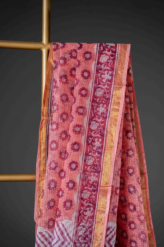Maroon Kota Doria Saree – Zig Zag Striped Hand Block Print - Atulyakarigari
