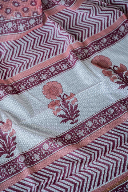 Maroon Kota Doria Saree – Zig Zag Striped Hand Block Print