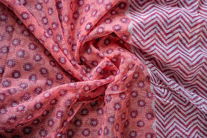 Maroon Kota Doria Saree – Zig Zag Striped Hand Block Print