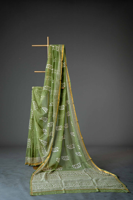 Olive Green Kota Doria Saree – Hand Block Printed Floral Motifs