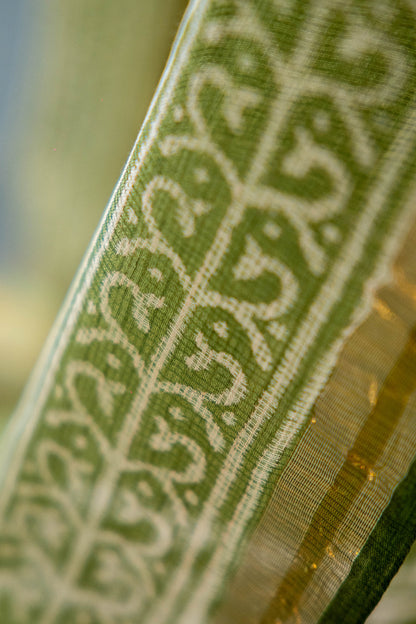 Olive Green Kota Doria Saree – Hand Block Printed Floral Motifs