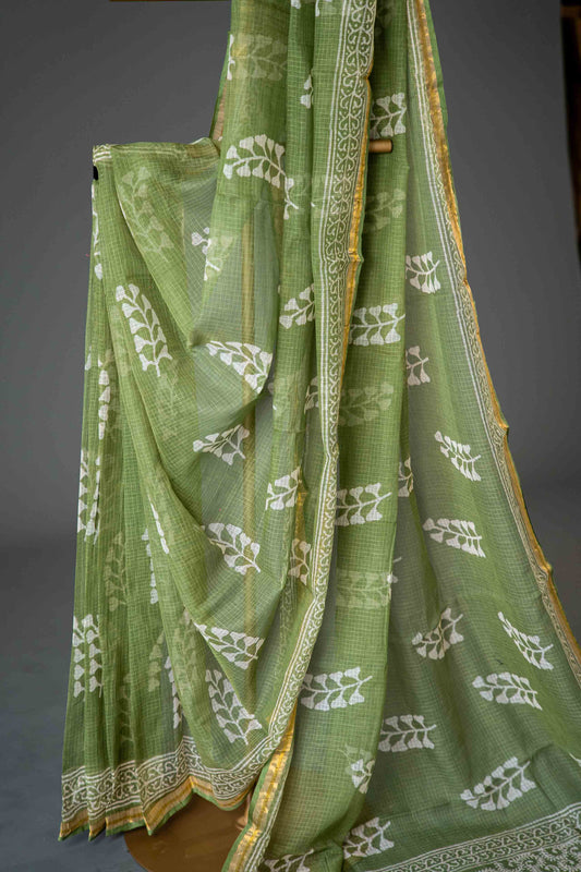 Olive Green Kota Doria Saree – Hand Block Printed Floral Motifs - Atulyakarigari