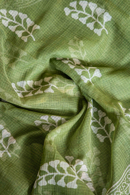 Olive Green Kota Doria Saree – Hand Block Printed Floral Motifs
