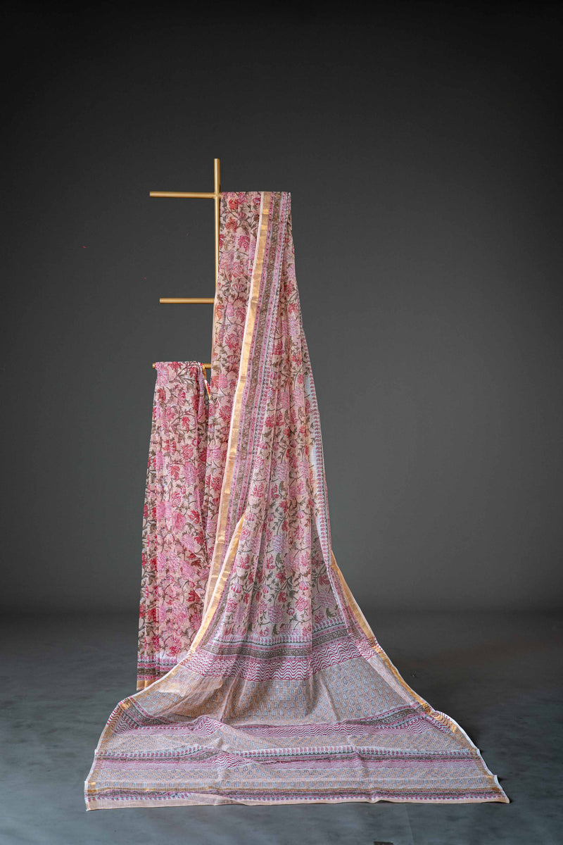 Light Pink Kota Doria Cotton Saree, Block Print