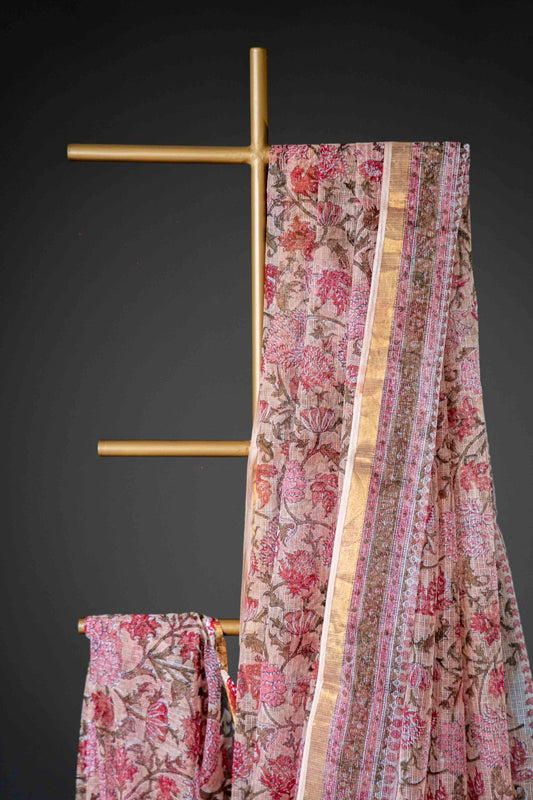 Kota Doria Handloom Saree – Light Pink Block Printed Bagru Cotton - Atulyakarigari
