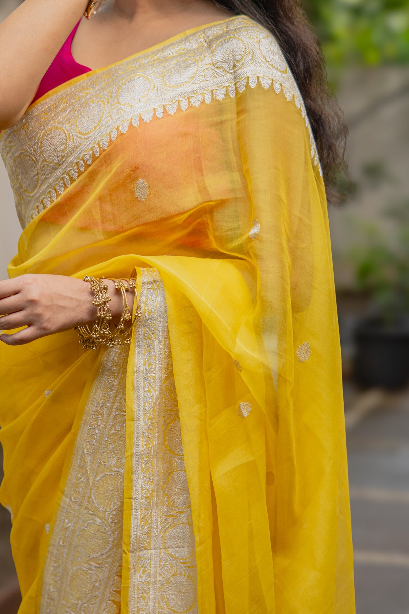Yellow Chiffon Saree with Silver Zari | Atulya Karigari
