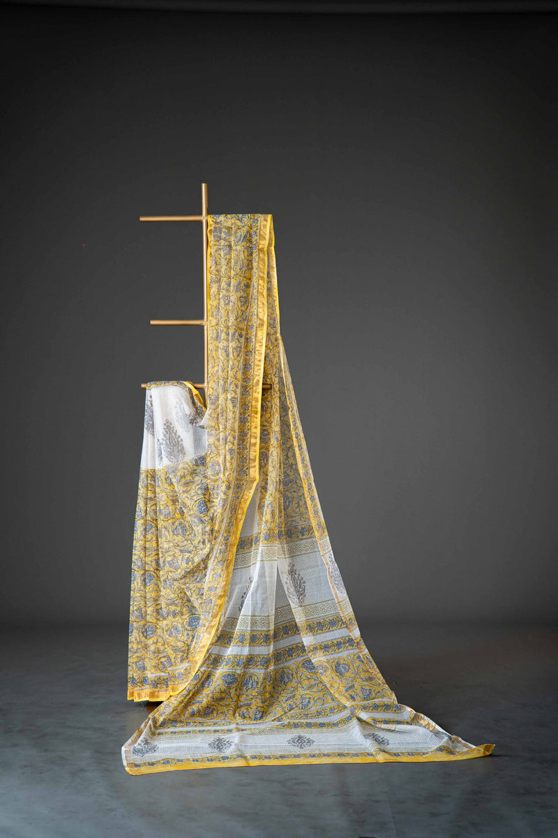 Light Yellow Kota Doria Cotton Saree, Block Print
