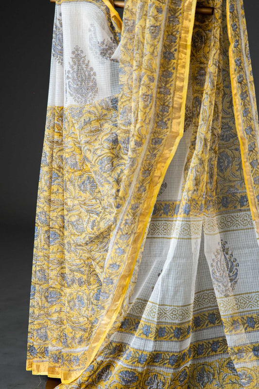 Bagru Kota Doria Saree – Light Yellow & White Block Print, Pure Cotton - Atulyakarigari