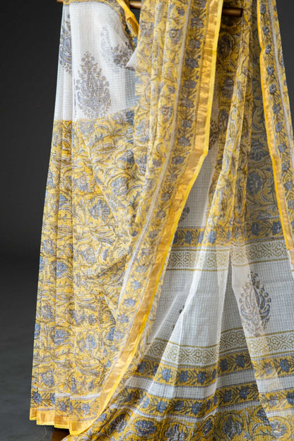 Bagru Kota Doria Saree – Light Yellow & White Block Print, Pure Cotton
