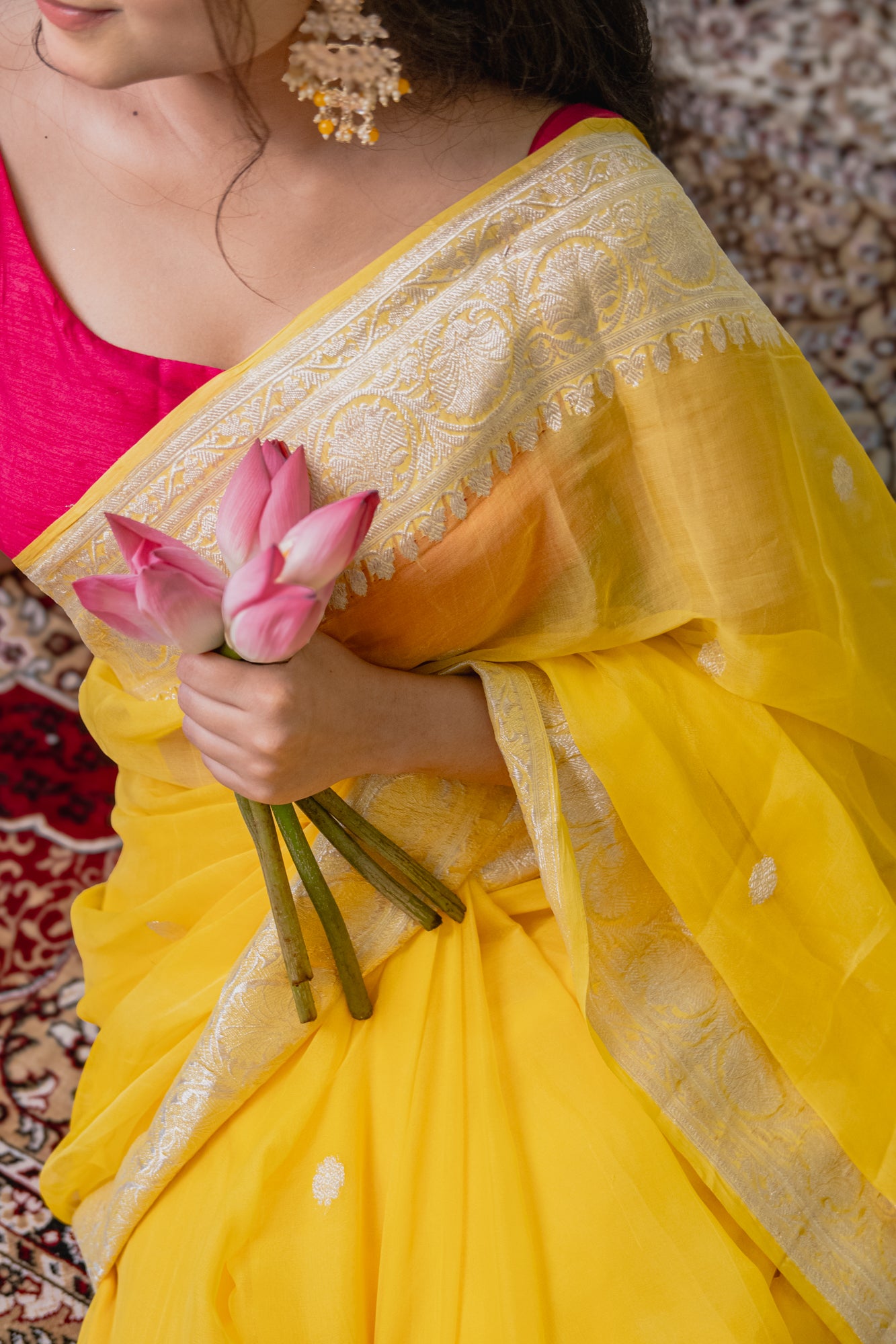 Yellow Chiffon Saree with Silver Zari | Atulya Karigari