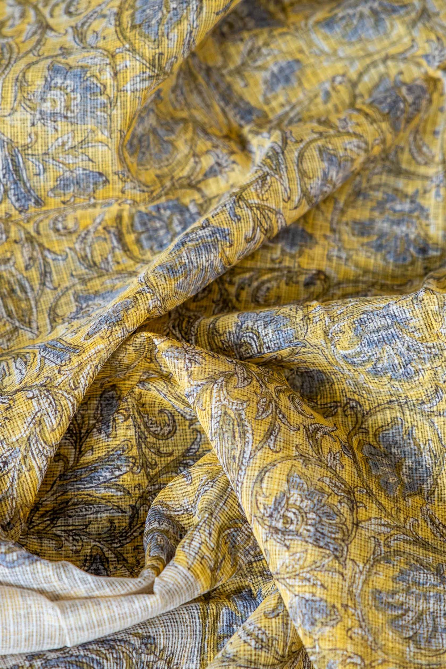 Bagru Kota Doria Saree – Light Yellow & White Block Print, Pure Cotton
