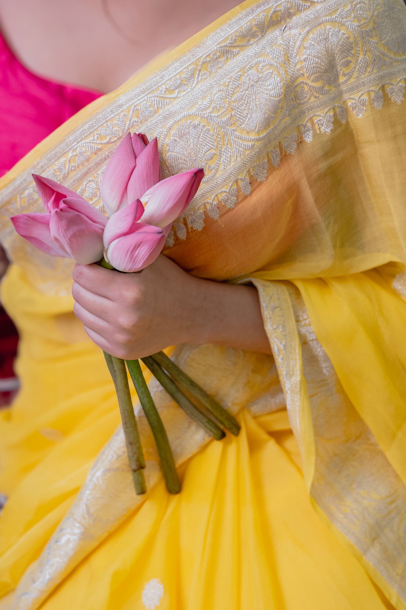 Yellow Chiffon Saree with Silver Zari | Atulya Karigari