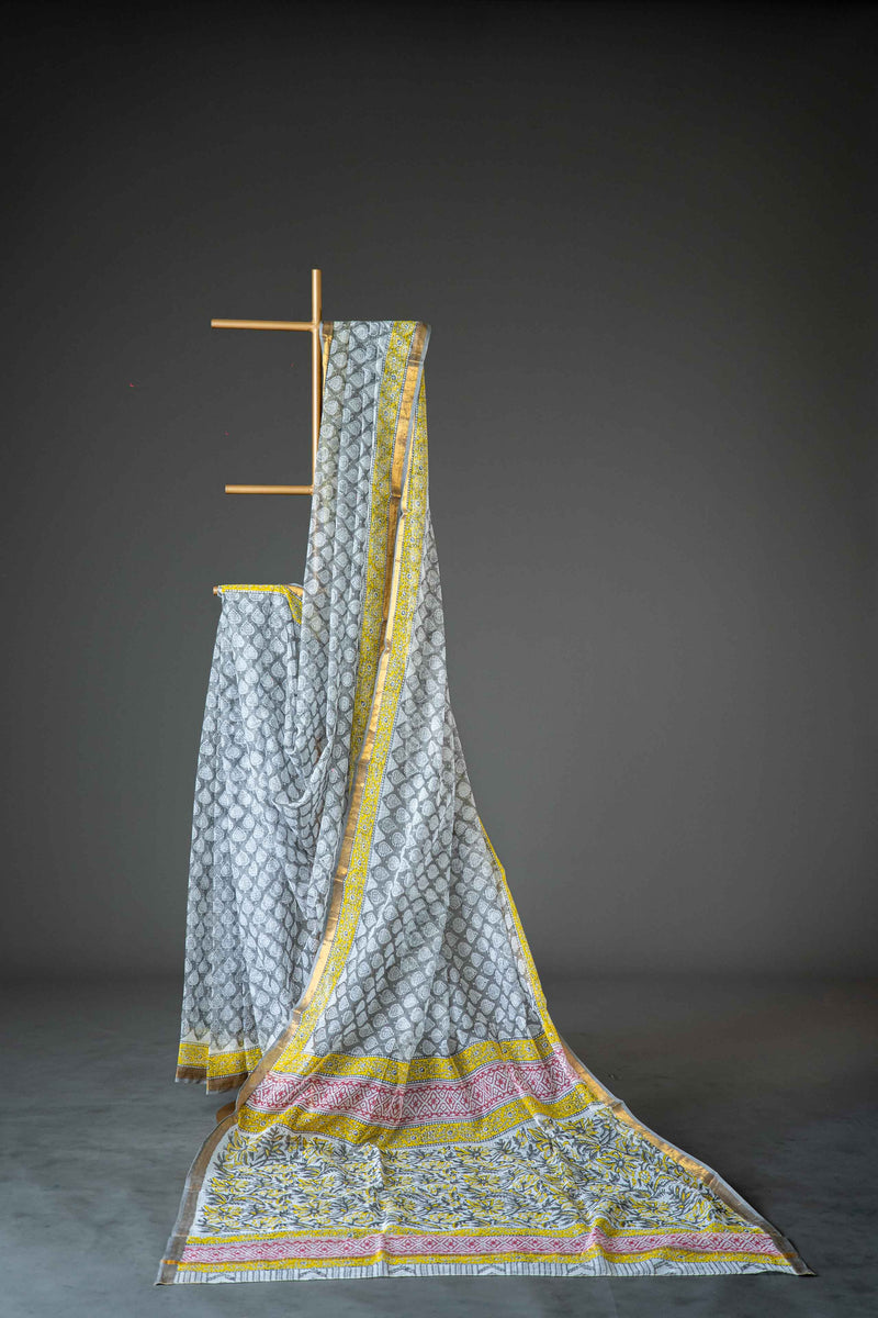 Black Kota Doria Saree, White Block Print