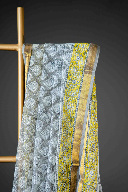 Black Kota Doria Saree – White Hand Block Print - Atulyakarigari