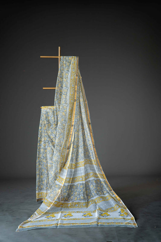 White Kota Doria Saree – Black & Yellow Floral Block Print