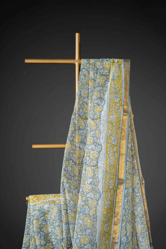 White Kota Doria Saree – Black & Yellow Floral Block Print - Atulyakarigari