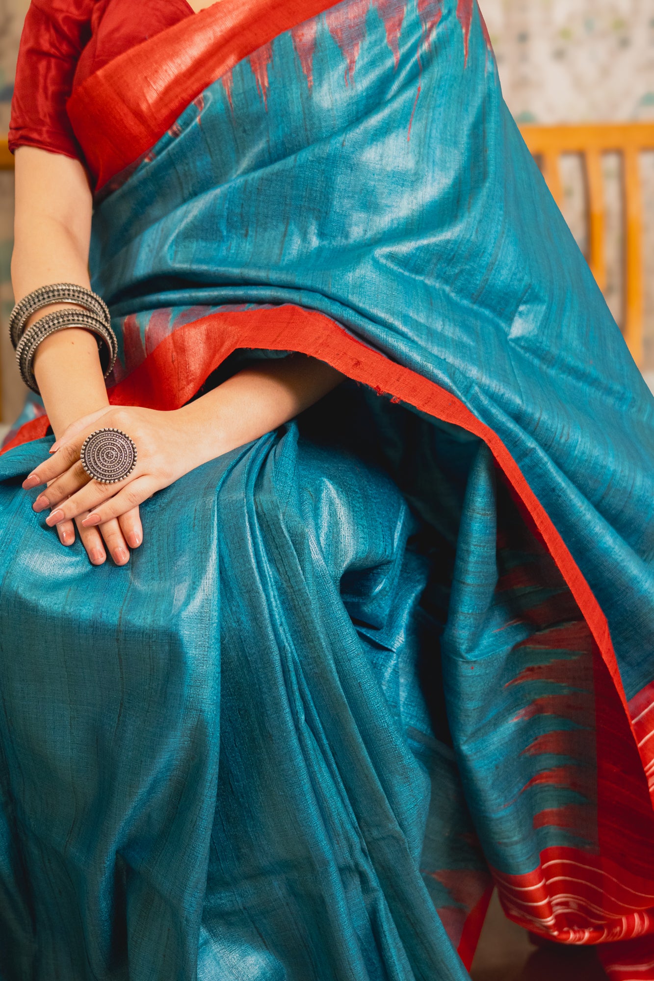 Peacock Blue Tussar Silk Saree with Red Border | Atulya Karigari