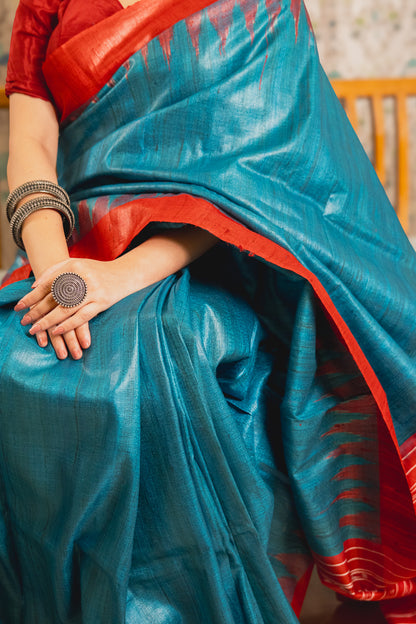 Peacock Blue Tussar Silk Saree with Red Border | Atulya Karigari