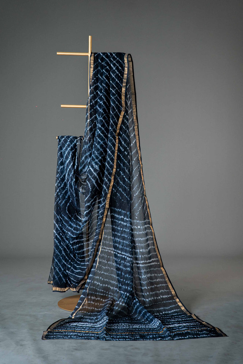 Black Bagru Kota Doria Cotton Saree, Block Print