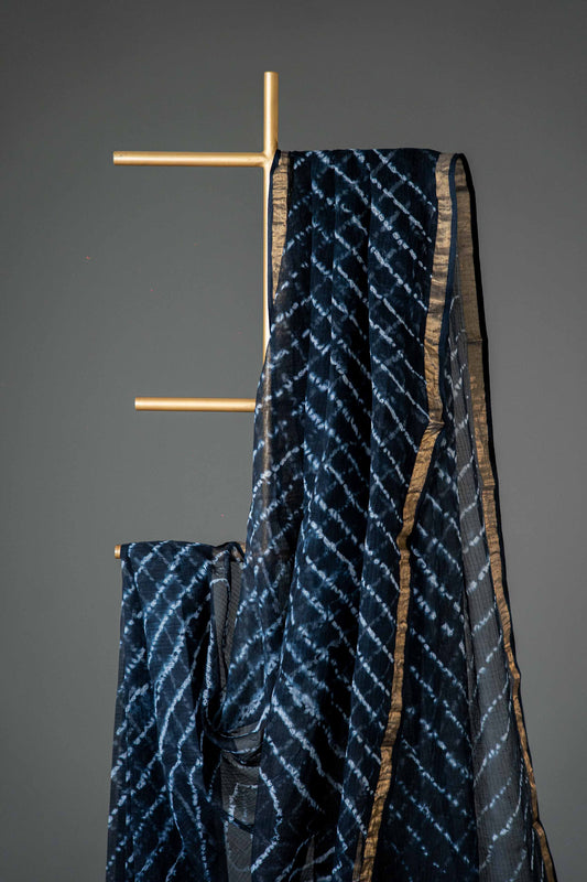 Kota Doria Handloom Saree – Black Block Print, Bagru Cotton with Blouse - Atulyakarigari