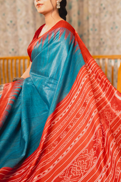 Peacock Blue Tussar Silk Saree with Red Border | Atulya Karigari