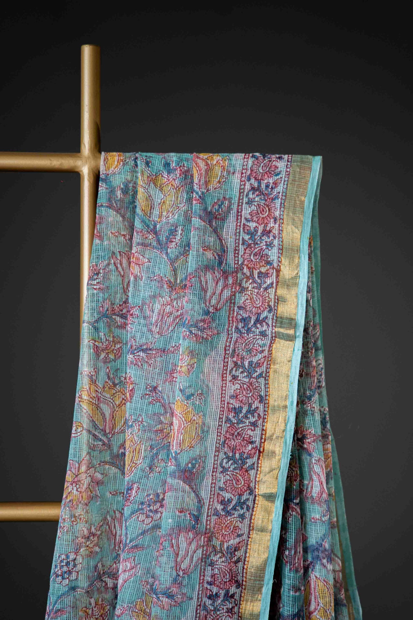 Kota Doria Saree – Light Green Hand Block Print, Pure Bagru Cotton
